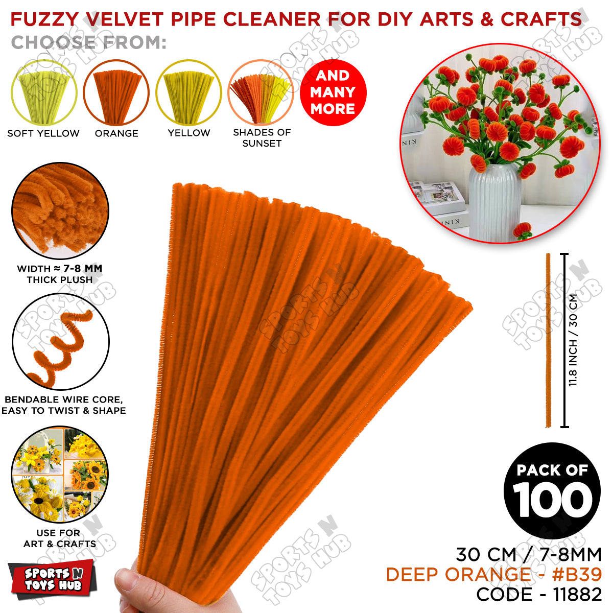 Shades of Sunset Fuzzy Pipe Cleaners 100 Pcs – 30cm x 7-8mm Thick Chenille Craft Stems For DIY Arts & Crafts, Floral Crafts, Kids Creative Activities, Home Decorations & School Projects