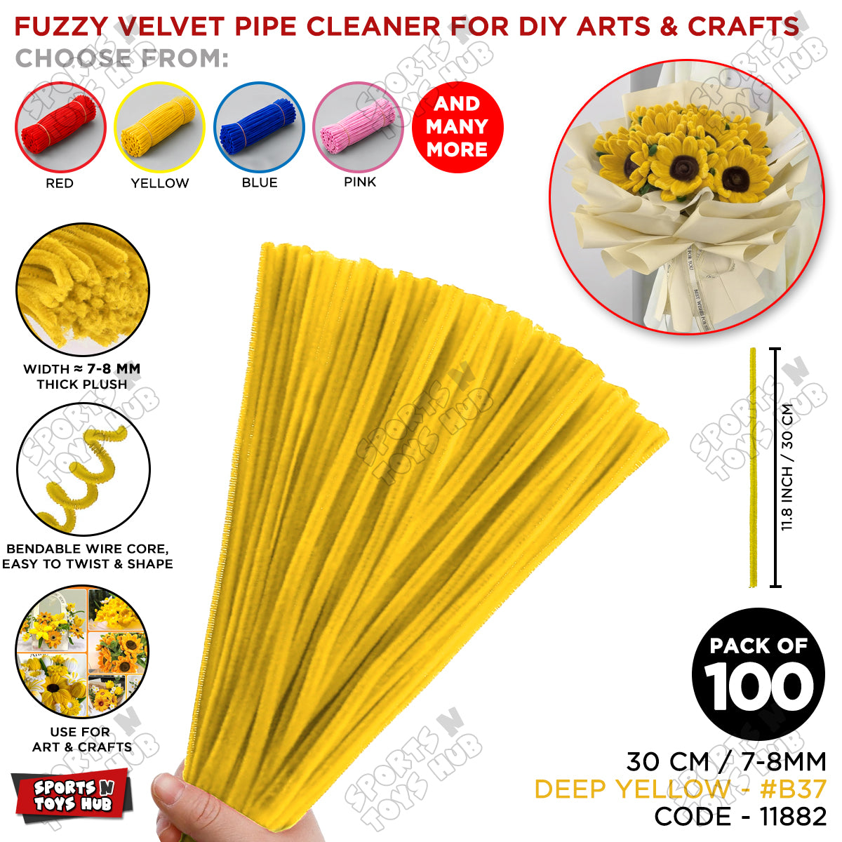 Fuzzy Pipe Cleaners Craft Stems 100 Pcs – 7-8mm Thick x 30cm Chenille Sticks for DIY Crafts, Kids Art Projects, School Activities, Handmade Flowers, Decorations & Creative Craft Supplies