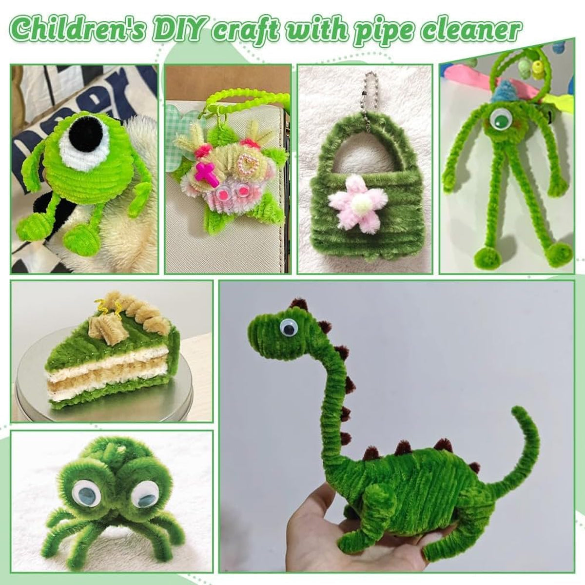 Shades of Green Fuzzy Chenille Craft Stems 100 Pcs – Soft 30cm x 7-8mm Flexible Pipe Cleaners for Handmade Flowers, DIY Crafts, School Activities, Kids Art Projects & Home Décor