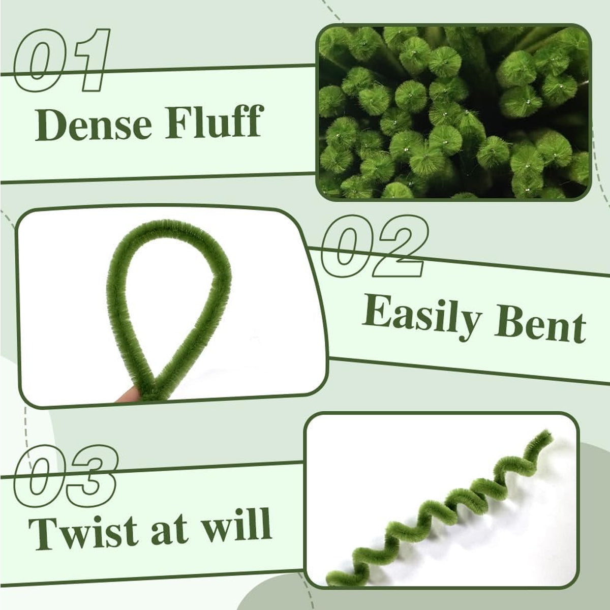 Shades of Green Fuzzy Chenille Craft Stems 100 Pcs – Soft 30cm x 7-8mm Flexible Pipe Cleaners for Handmade Flowers, DIY Crafts, School Activities, Kids Art Projects & Home Décor