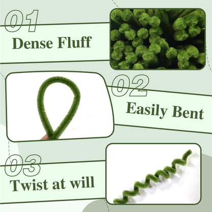 Shades of Green Fuzzy Chenille Craft Stems 100 Pcs – Soft 30cm x 7-8mm Flexible Pipe Cleaners for Handmade Flowers, DIY Crafts, School Activities, Kids Art Projects & Home Décor