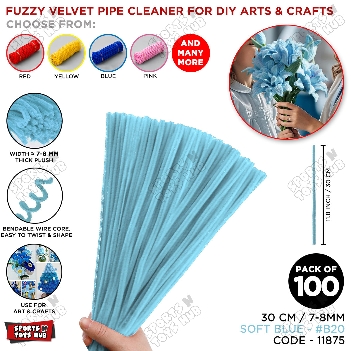 Fuzzy Pipe Cleaners Craft Stems 100 Pcs – 7-8mm Thick x 30cm Chenille Sticks for DIY Crafts, Kids Art Projects, School Activities, Handmade Flowers, Decorations & Creative Craft Supplies