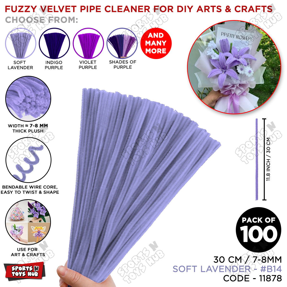 Shades of Purple Fuzzy Chenille Craft Stems 100 Pcs – 30cm x 7-8mm Flexible Pipe Cleaners for Handmade Flowers, DIY Crafts, School Activities, Kids Art Projects & Home Décor