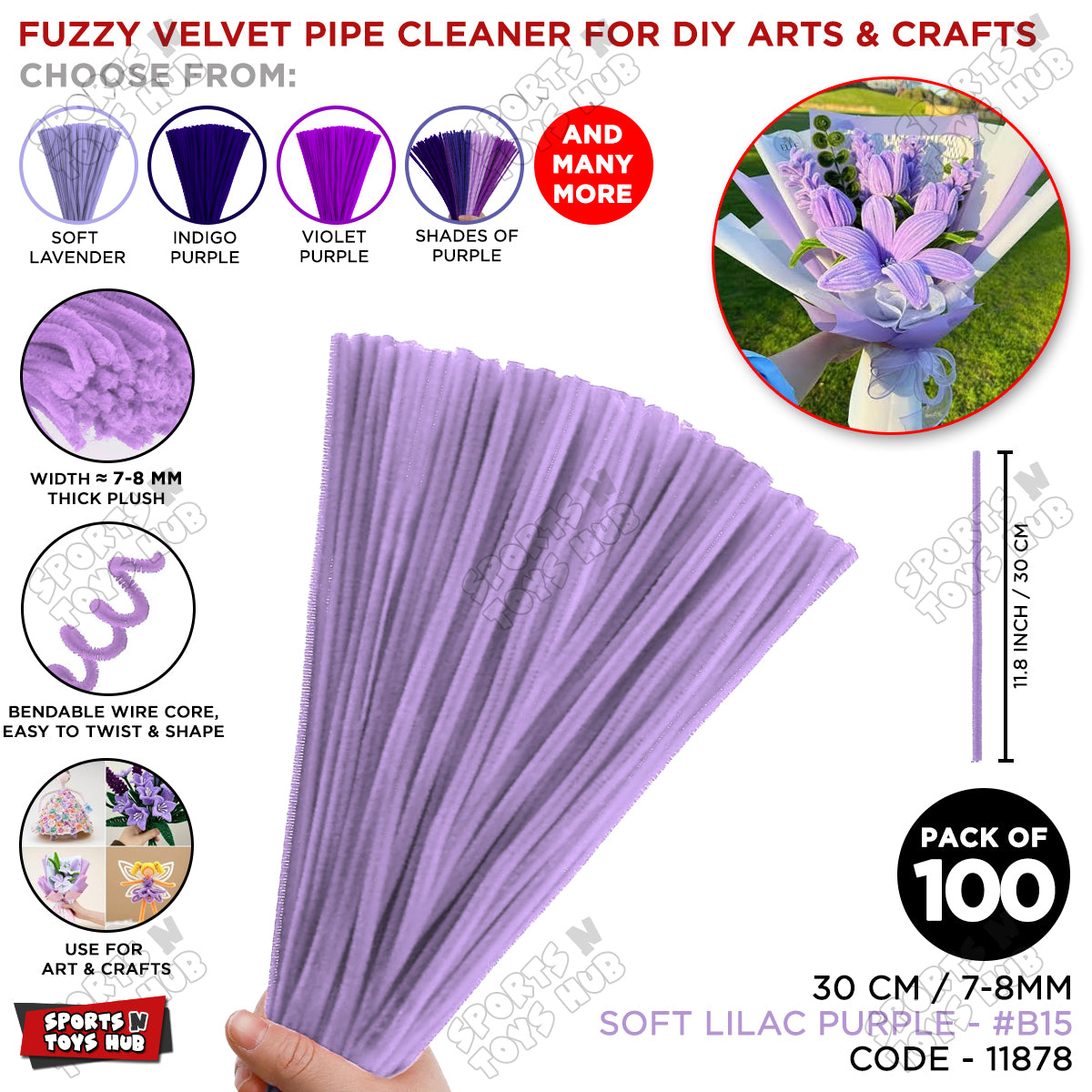 Shades of Purple Fuzzy Chenille Craft Stems 100 Pcs – 30cm x 7-8mm Flexible Pipe Cleaners for Handmade Flowers, DIY Crafts, School Activities, Kids Art Projects & Home Décor