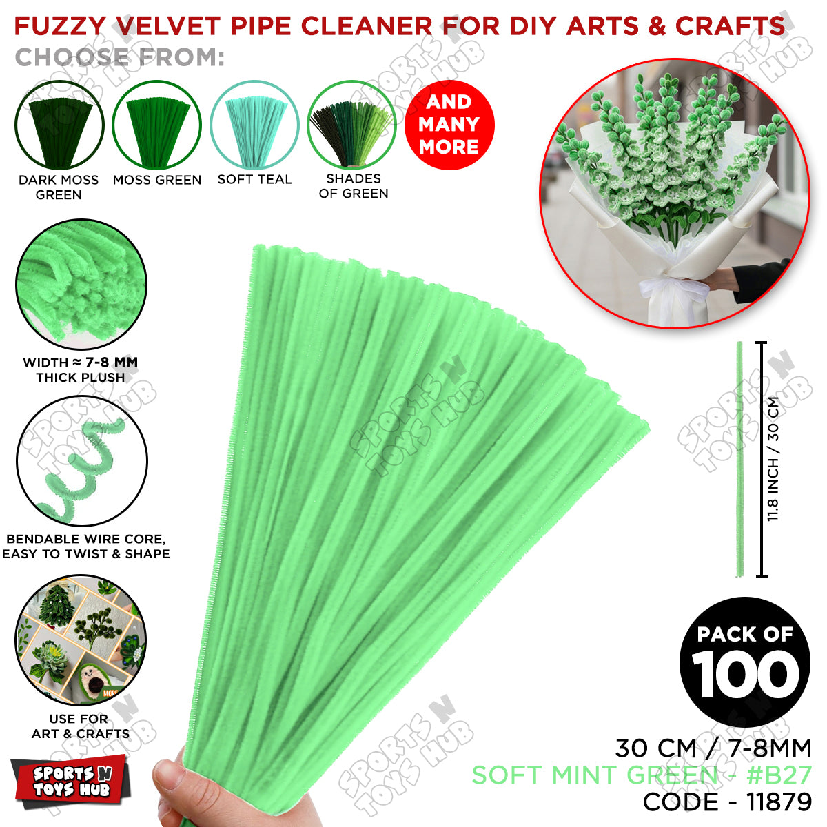 Shades of Green Fuzzy Chenille Craft Stems 100 Pcs – Soft 30cm x 7-8mm Flexible Pipe Cleaners for Handmade Flowers, DIY Crafts, School Activities, Kids Art Projects & Home Décor