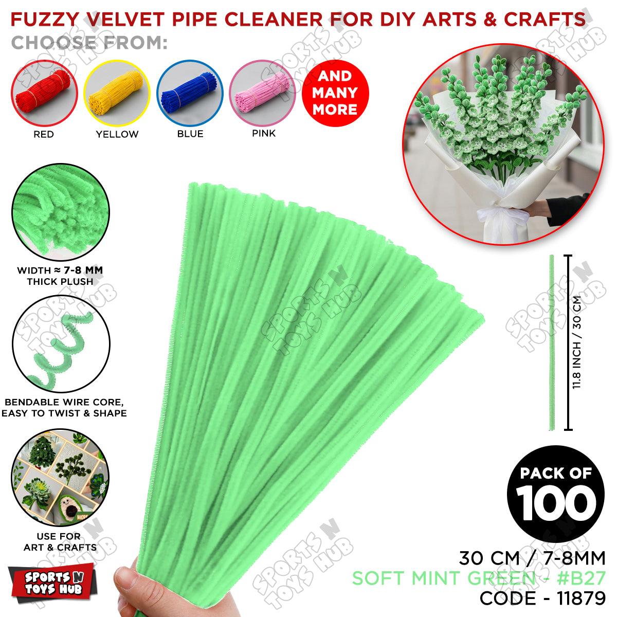 Fuzzy Pipe Cleaners Craft Stems 100 Pcs – 7-8mm Thick x 30cm Chenille Sticks for DIY Crafts, Kids Art Projects, School Activities, Handmade Flowers, Decorations & Creative Craft Supplies
