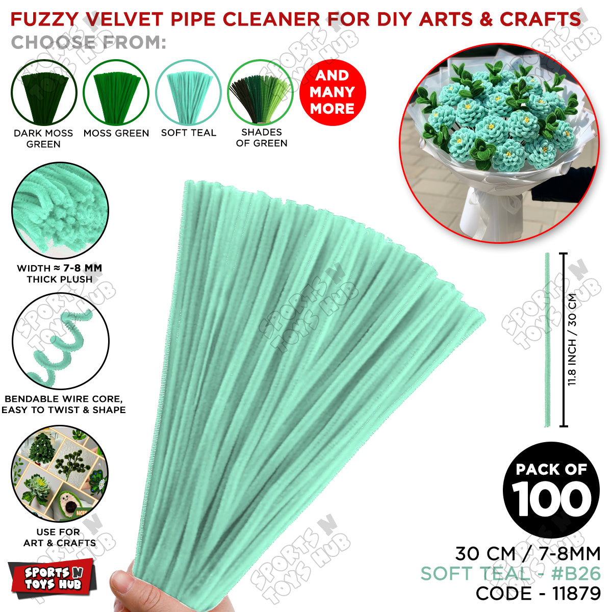 Shades of Green Fuzzy Chenille Craft Stems 100 Pcs – Soft 30cm x 7-8mm Flexible Pipe Cleaners for Handmade Flowers, DIY Crafts, School Activities, Kids Art Projects & Home Décor