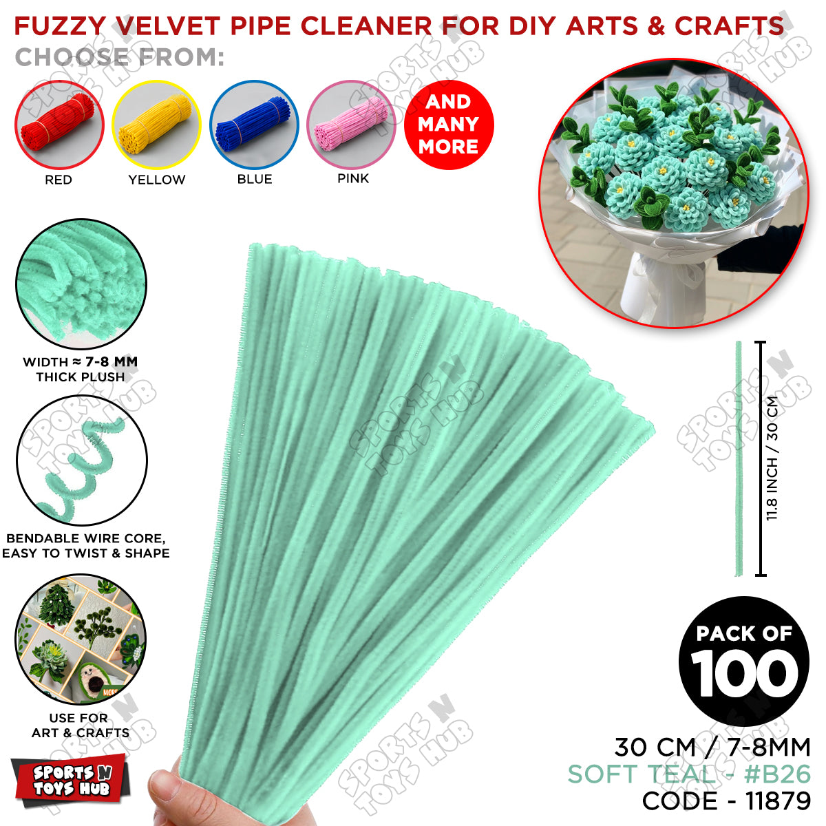 Fuzzy Pipe Cleaners Craft Stems 100 Pcs – 7-8mm Thick x 30cm Chenille Sticks for DIY Crafts, Kids Art Projects, School Activities, Handmade Flowers, Decorations & Creative Craft Supplies