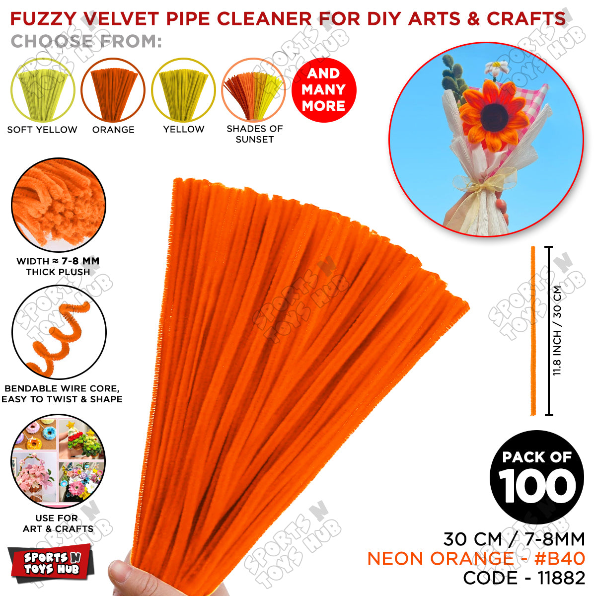 Shades of Sunset Fuzzy Pipe Cleaners 100 Pcs – 30cm x 7-8mm Thick Chenille Craft Stems For DIY Arts & Crafts, Floral Crafts, Kids Creative Activities, Home Decorations & School Projects