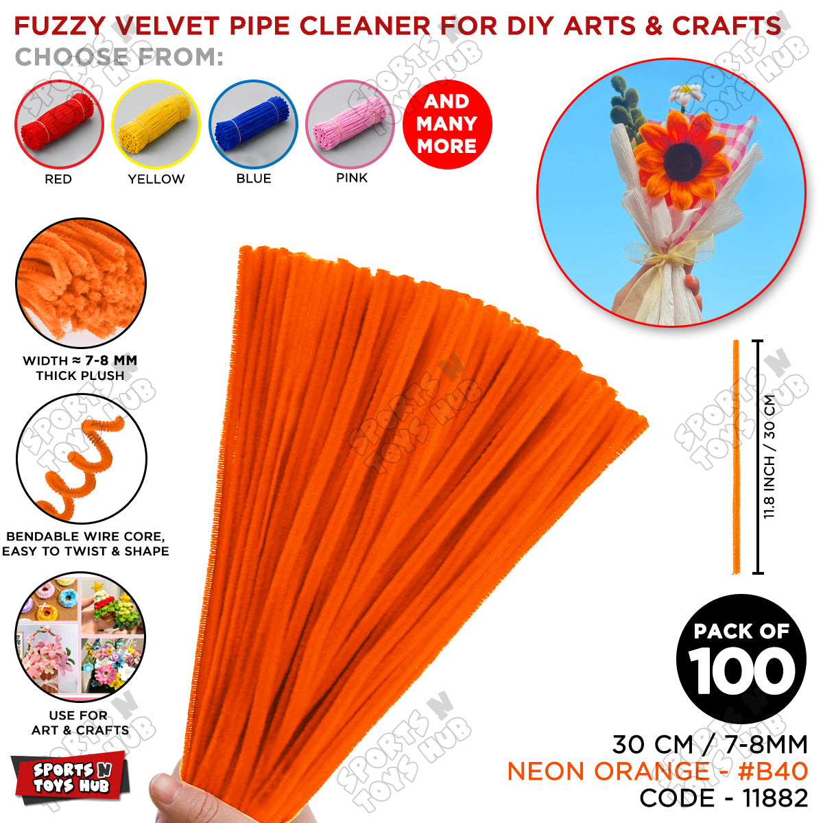 Fuzzy Pipe Cleaners Craft Stems 100 Pcs – 7-8mm Thick x 30cm Chenille Sticks for DIY Crafts, Kids Art Projects, School Activities, Handmade Flowers, Decorations & Creative Craft Supplies