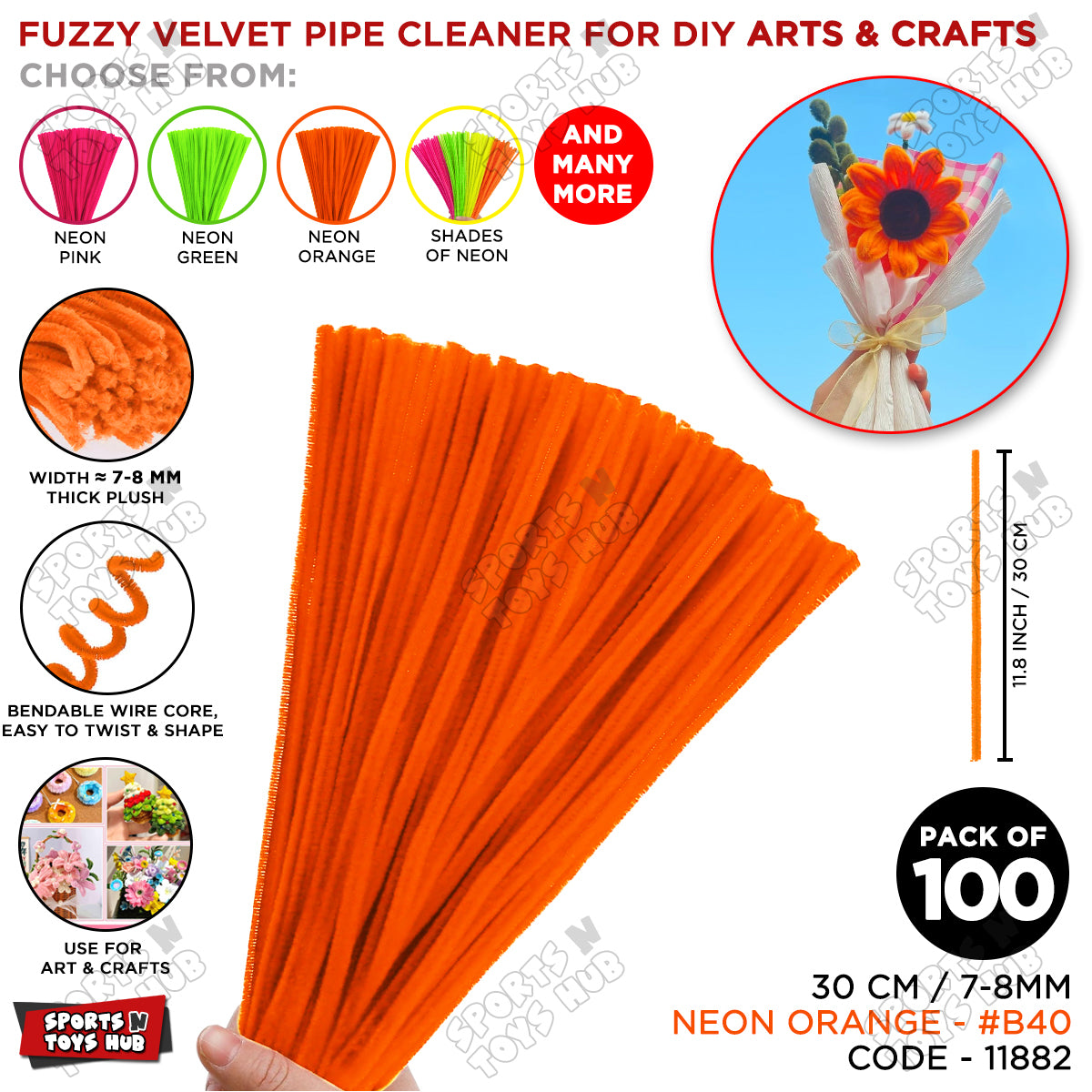 Neon Color Fuzzy Pipe Cleaners 100 Pcs – Premium Chenille Craft Stems 30cm, 7-8mm Thick Flexible Pipe Cleaner Sticks for DIY Arts & Crafts, Kids Creative Projects, School Craft Supplies