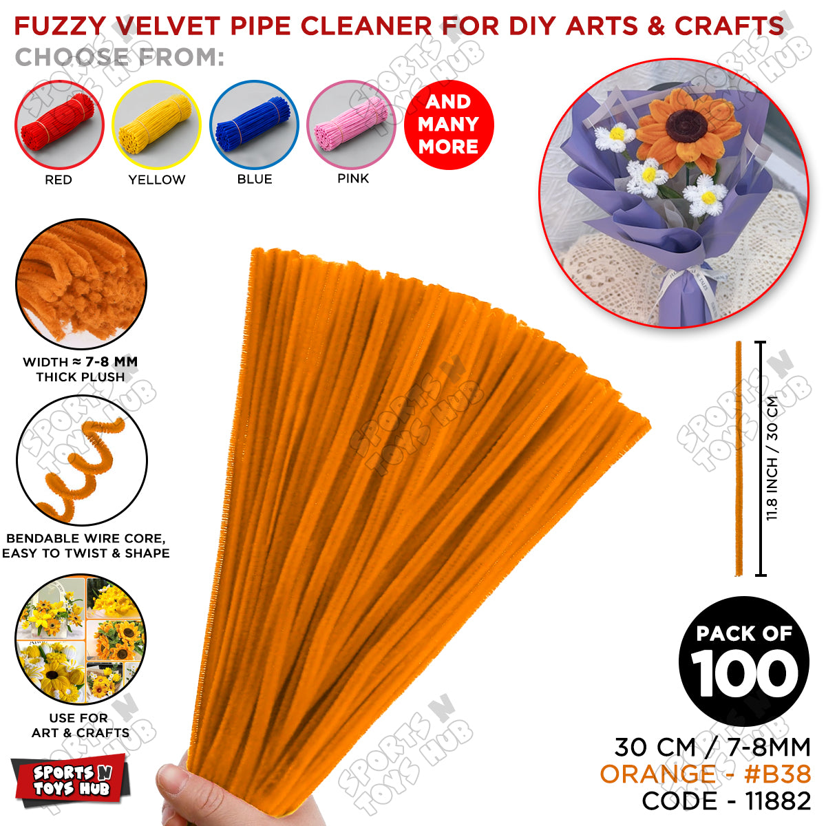 Fuzzy Pipe Cleaners Craft Stems 100 Pcs – 7-8mm Thick x 30cm Chenille Sticks for DIY Crafts, Kids Art Projects, School Activities, Handmade Flowers, Decorations & Creative Craft Supplies