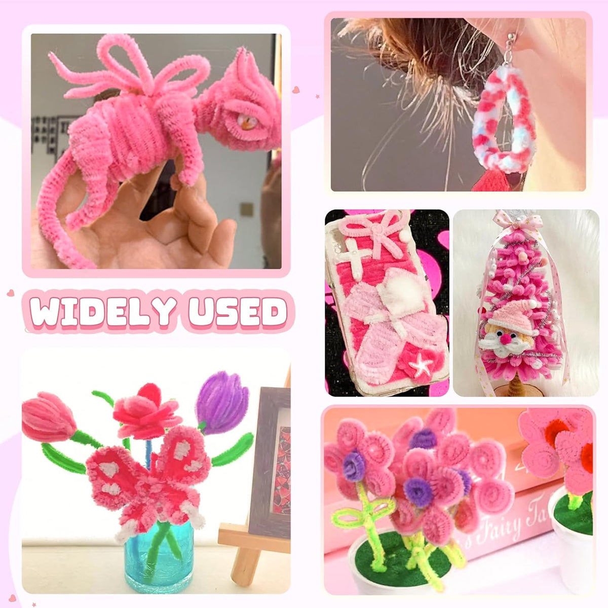 Shades of Pink Fuzzy Chenille Craft Stems 100 Pcs – 30cm x 7-8mm Flexible Pipe Cleaners for Handmade Flowers, DIY Crafts, School Activities, Kids Art Projects & Home Décor