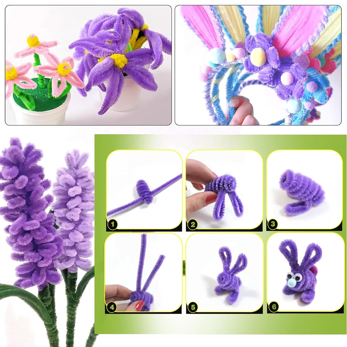Shades of Purple Fuzzy Chenille Craft Stems 100 Pcs – 30cm x 7-8mm Flexible Pipe Cleaners for Handmade Flowers, DIY Crafts, School Activities, Kids Art Projects & Home Décor