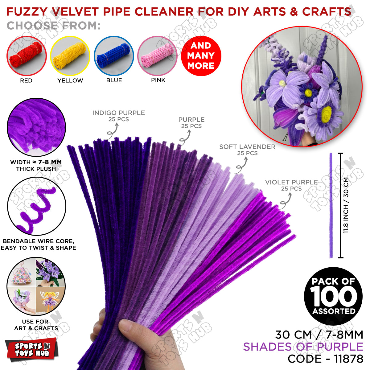 Fuzzy Pipe Cleaners Craft Stems 100 Pcs – 7-8mm Thick x 30cm Chenille Sticks for DIY Crafts, Kids Art Projects, School Activities, Handmade Flowers, Decorations & Creative Craft Supplies