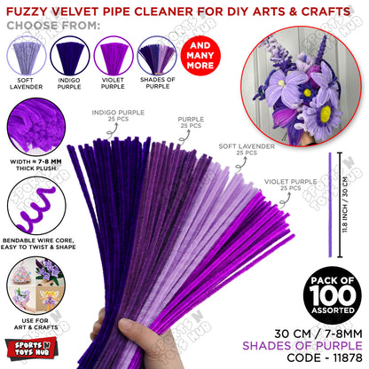 Shades of Purple Fuzzy Chenille Craft Stems 100 Pcs – 30cm x 7-8mm Flexible Pipe Cleaners for Handmade Flowers, DIY Crafts, School Activities, Kids Art Projects & Home Décor