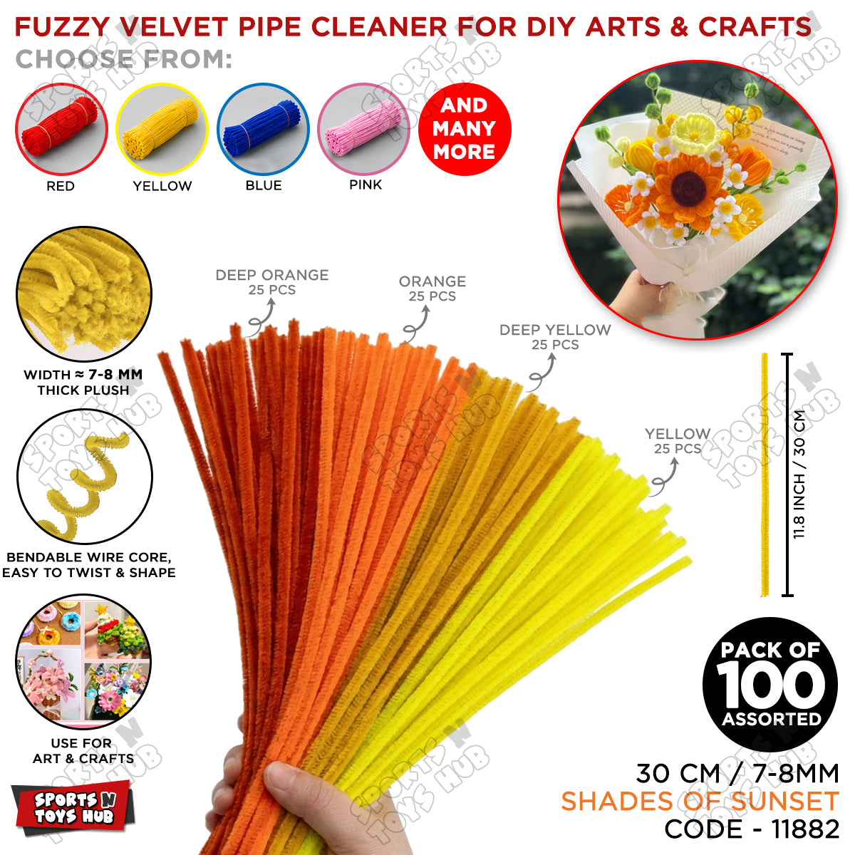 Fuzzy Pipe Cleaners Craft Stems 100 Pcs – 7-8mm Thick x 30cm Chenille Sticks for DIY Crafts, Kids Art Projects, School Activities, Handmade Flowers, Decorations & Creative Craft Supplies