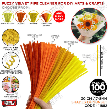 Shades of Sunset Fuzzy Pipe Cleaners 100 Pcs – 30cm x 7-8mm Thick Chenille Craft Stems For DIY Arts & Crafts, Floral Crafts, Kids Creative Activities, Home Decorations & School Projects