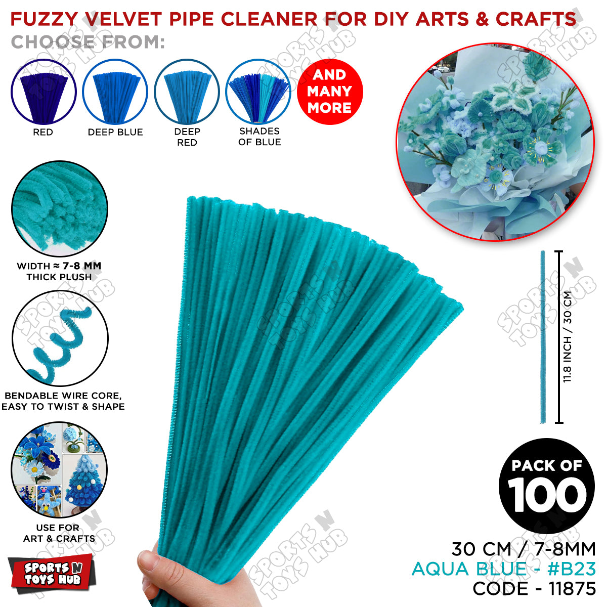 Shades of Blue Fuzzy Pipe Cleaners Craft Stems 100 Pcs – Premium 30cm x 7-8mm Chenille Sticks for DIY Crafts, Kids Art Projects, School Activities, Handmade Flowers, Decorations & Creative Craft Supplies