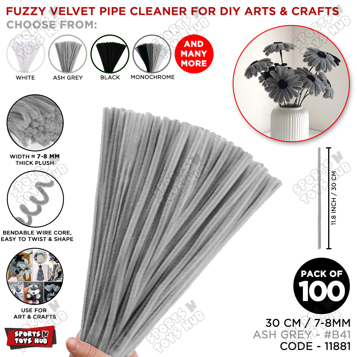 Monochrome Fuzzy Pipe Cleaners 100 Pcs - 30cm Chenille Craft Stems For DIY Arts & Crafts, School Projects, Handmade Flowers, Floral Crafts, Party Decorations, Home Décor & Creative Craft Supplies