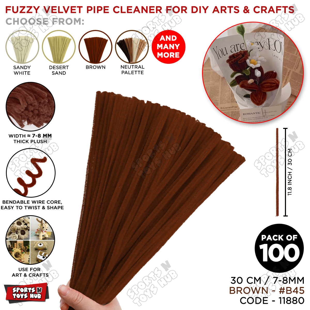 Neutral Palette Fuzzy Pipe Cleaners 100 Pack – Premium 30cm x 7-8mm Thick Chenille Craft Stems for DIY Arts & Crafts, Kids School Projects, Handmade Flowers, Floral Crafts, Party Decorations, Home Décor & Creative Craft Supplies