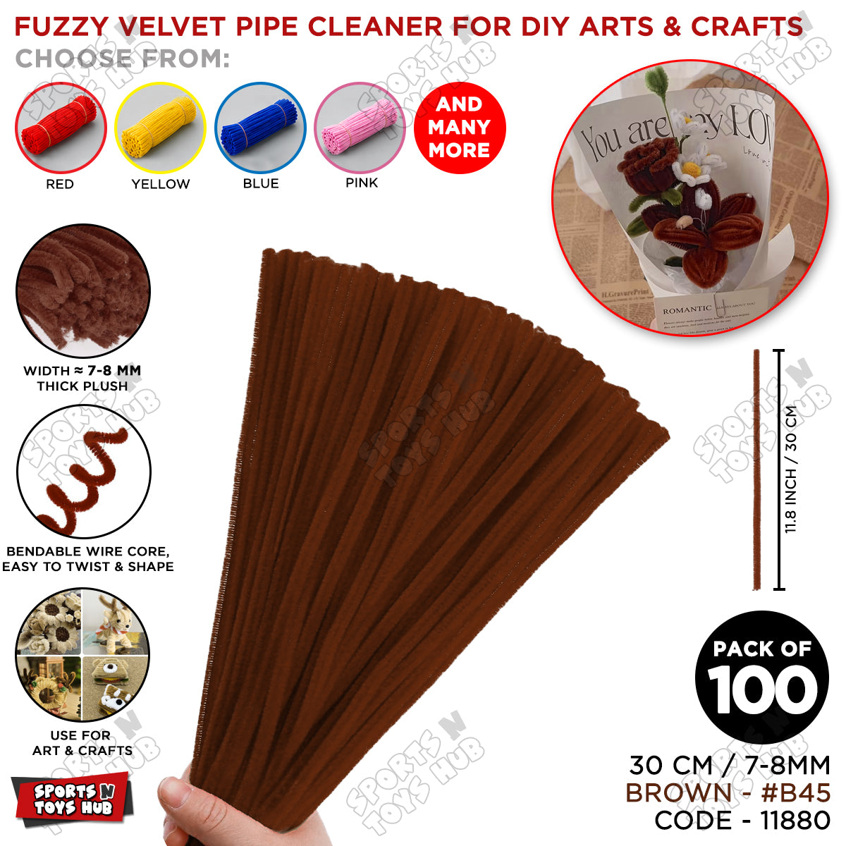 Fuzzy Pipe Cleaners Craft Stems 100 Pcs – 7-8mm Thick x 30cm Chenille Sticks for DIY Crafts, Kids Art Projects, School Activities, Handmade Flowers, Decorations & Creative Craft Supplies