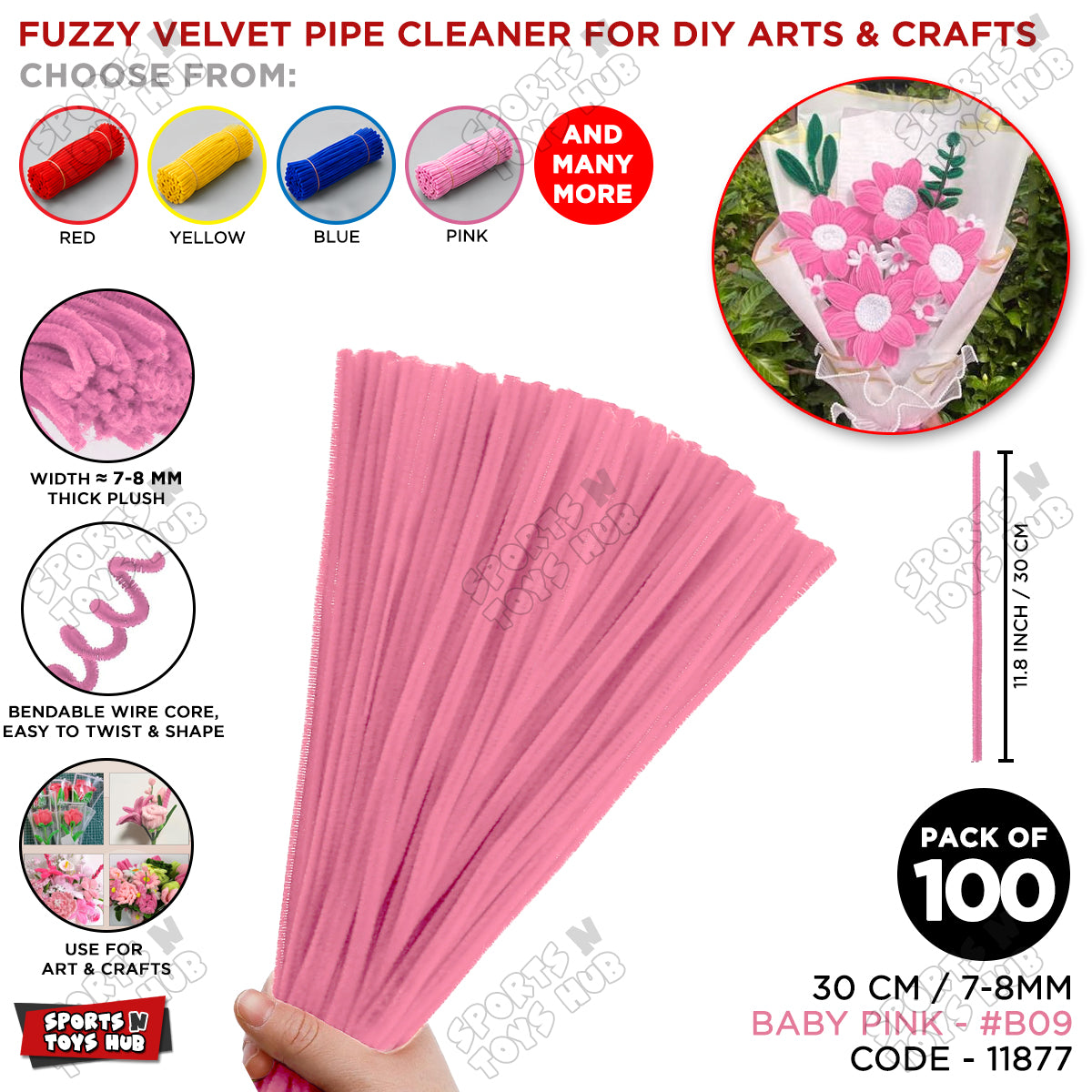 Fuzzy Pipe Cleaners Craft Stems 100 Pcs – 7-8mm Thick x 30cm Chenille Sticks for DIY Crafts, Kids Art Projects, School Activities, Handmade Flowers, Decorations & Creative Craft Supplies