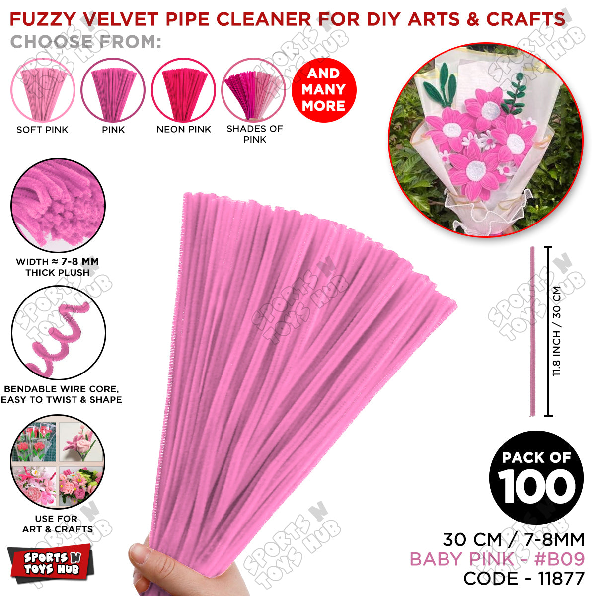 Shades of Pink Fuzzy Chenille Craft Stems 100 Pcs – 30cm x 7-8mm Flexible Pipe Cleaners for Handmade Flowers, DIY Crafts, School Activities, Kids Art Projects & Home Décor