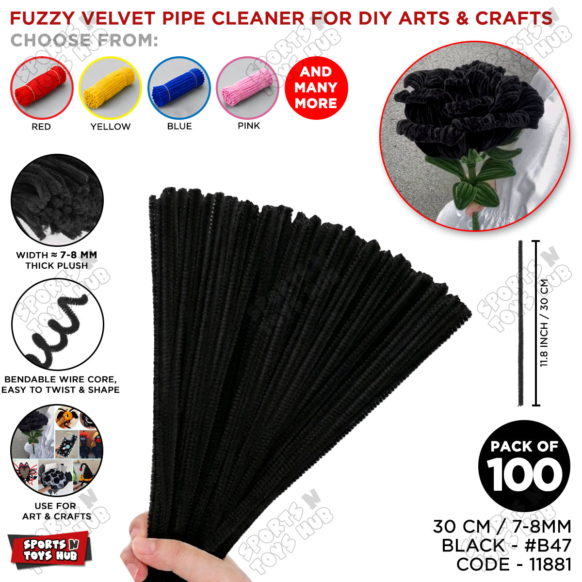 Fuzzy Pipe Cleaners Craft Stems 100 Pcs – 7-8mm Thick x 30cm Chenille Sticks for DIY Crafts, Kids Art Projects, School Activities, Handmade Flowers, Decorations & Creative Craft Supplies