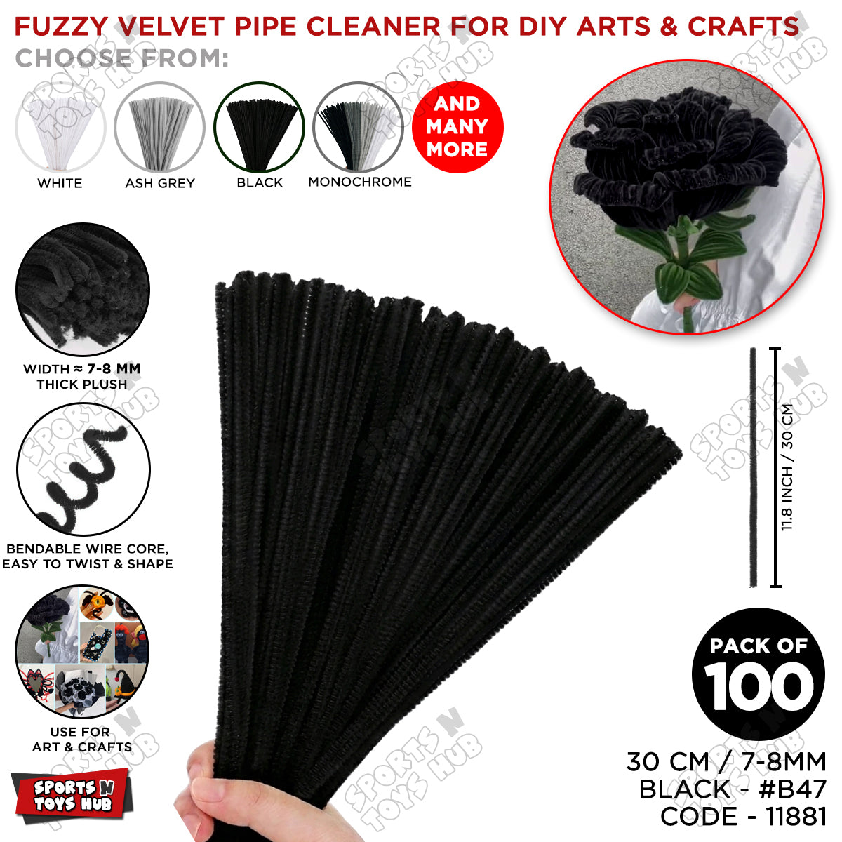 Monochrome Fuzzy Pipe Cleaners 100 Pcs - 30cm Chenille Craft Stems For DIY Arts & Crafts, School Projects, Handmade Flowers, Floral Crafts, Party Decorations, Home Décor & Creative Craft Supplies