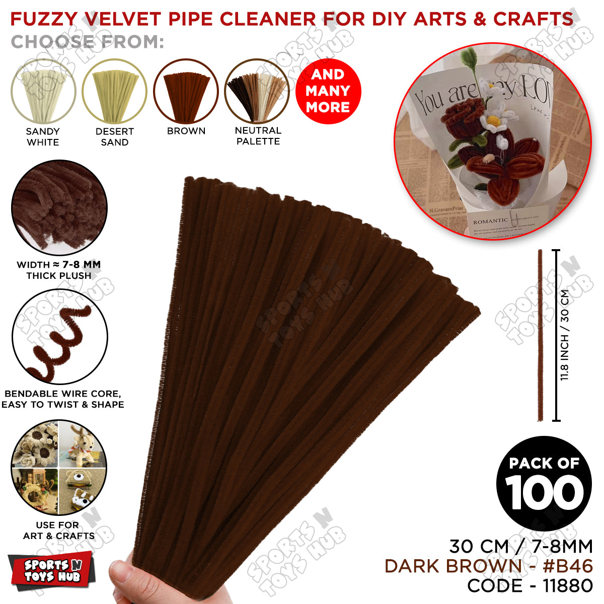 Neutral Palette Fuzzy Pipe Cleaners 100 Pack – Premium 30cm x 7-8mm Thick Chenille Craft Stems for DIY Arts & Crafts, Kids School Projects, Handmade Flowers, Floral Crafts, Party Decorations, Home Décor & Creative Craft Supplies