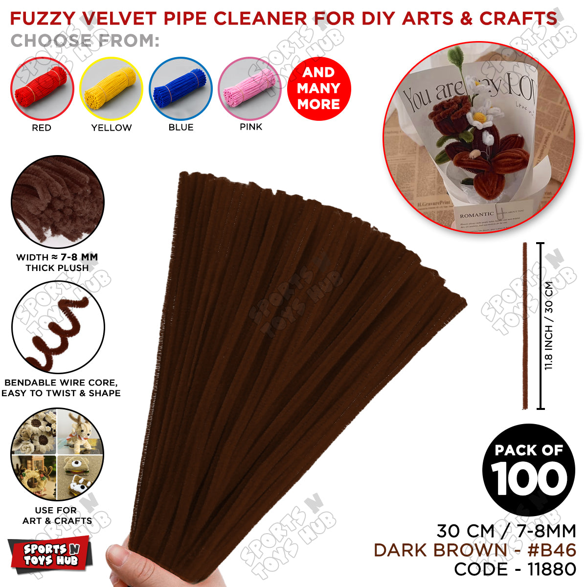 Fuzzy Pipe Cleaners Craft Stems 100 Pcs – 7-8mm Thick x 30cm Chenille Sticks for DIY Crafts, Kids Art Projects, School Activities, Handmade Flowers, Decorations & Creative Craft Supplies