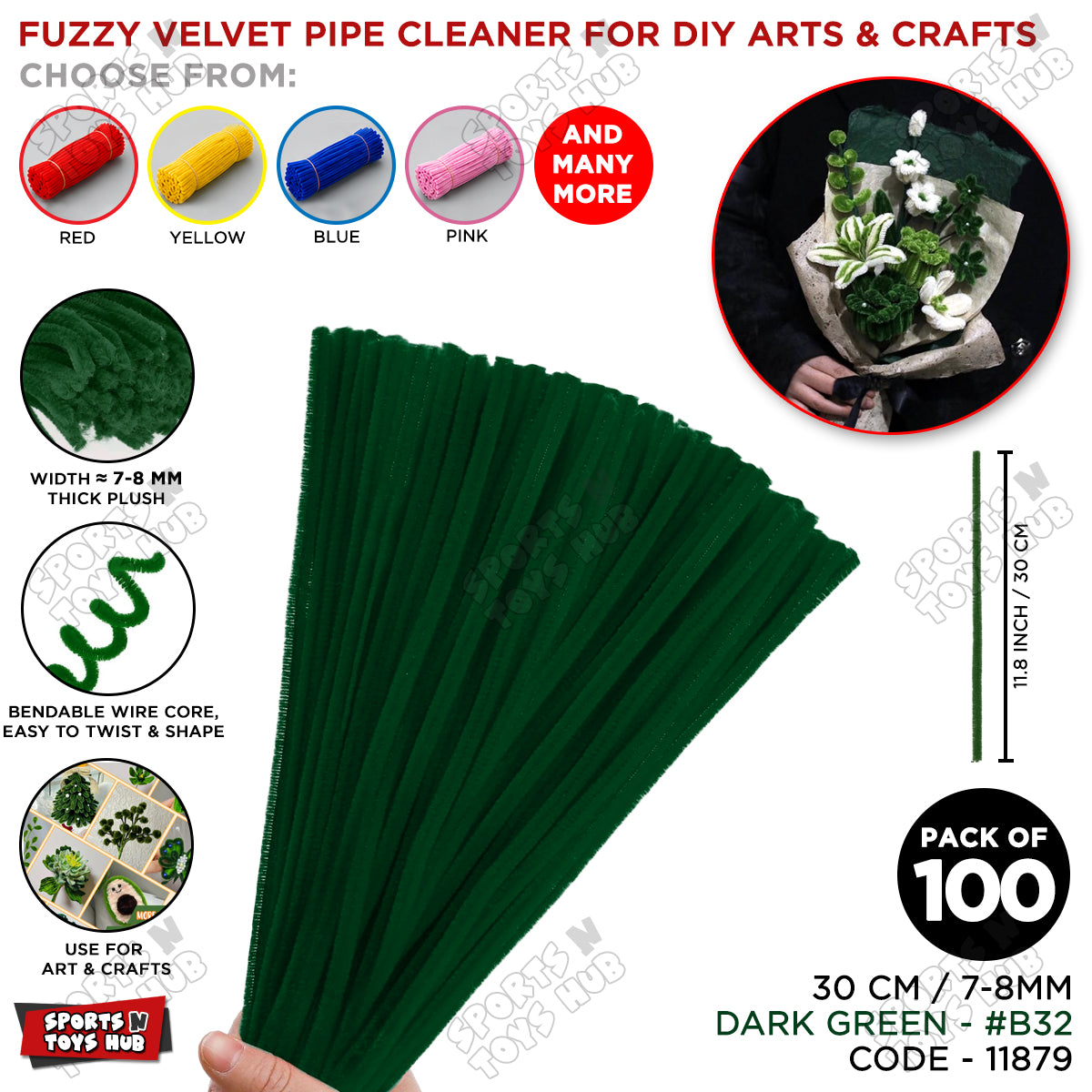Fuzzy Pipe Cleaners Craft Stems 100 Pcs – 7-8mm Thick x 30cm Chenille Sticks for DIY Crafts, Kids Art Projects, School Activities, Handmade Flowers, Decorations & Creative Craft Supplies