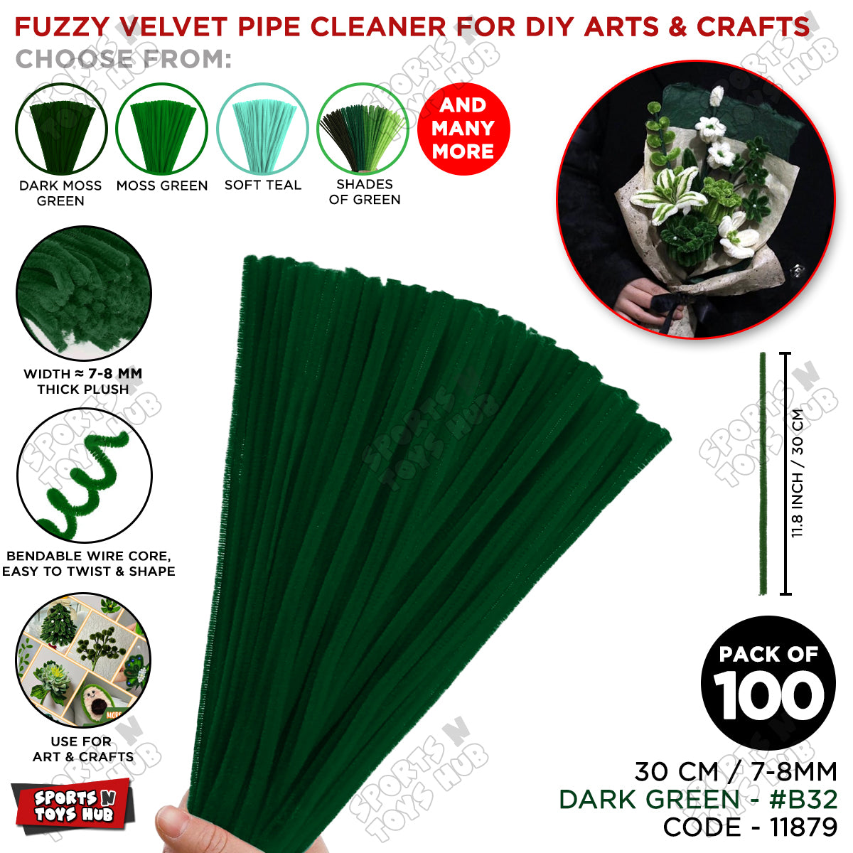 Shades of Green Fuzzy Chenille Craft Stems 100 Pcs – Soft 30cm x 7-8mm Flexible Pipe Cleaners for Handmade Flowers, DIY Crafts, School Activities, Kids Art Projects & Home Décor
