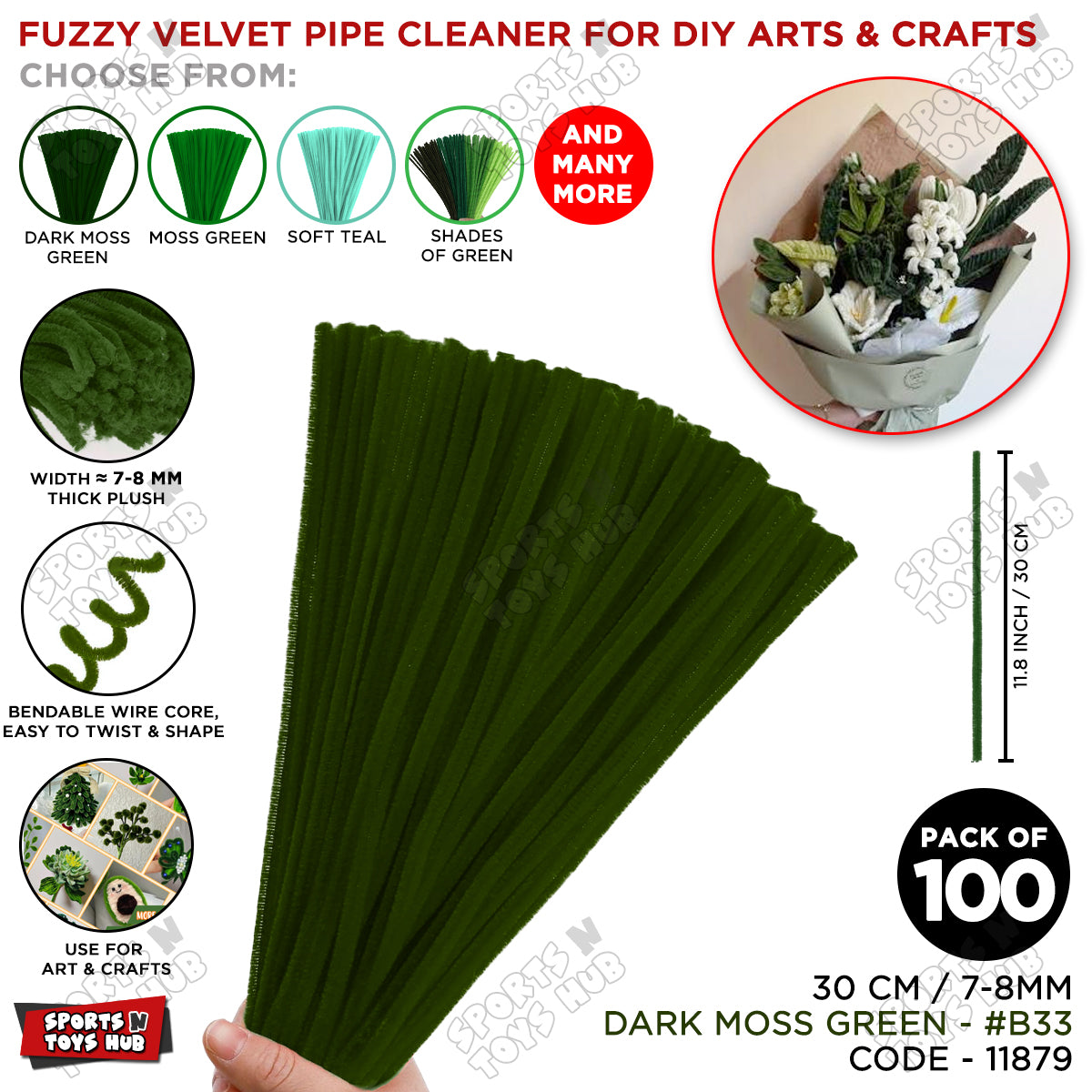 Shades of Green Fuzzy Chenille Craft Stems 100 Pcs – Soft 30cm x 7-8mm Flexible Pipe Cleaners for Handmade Flowers, DIY Crafts, School Activities, Kids Art Projects & Home Décor