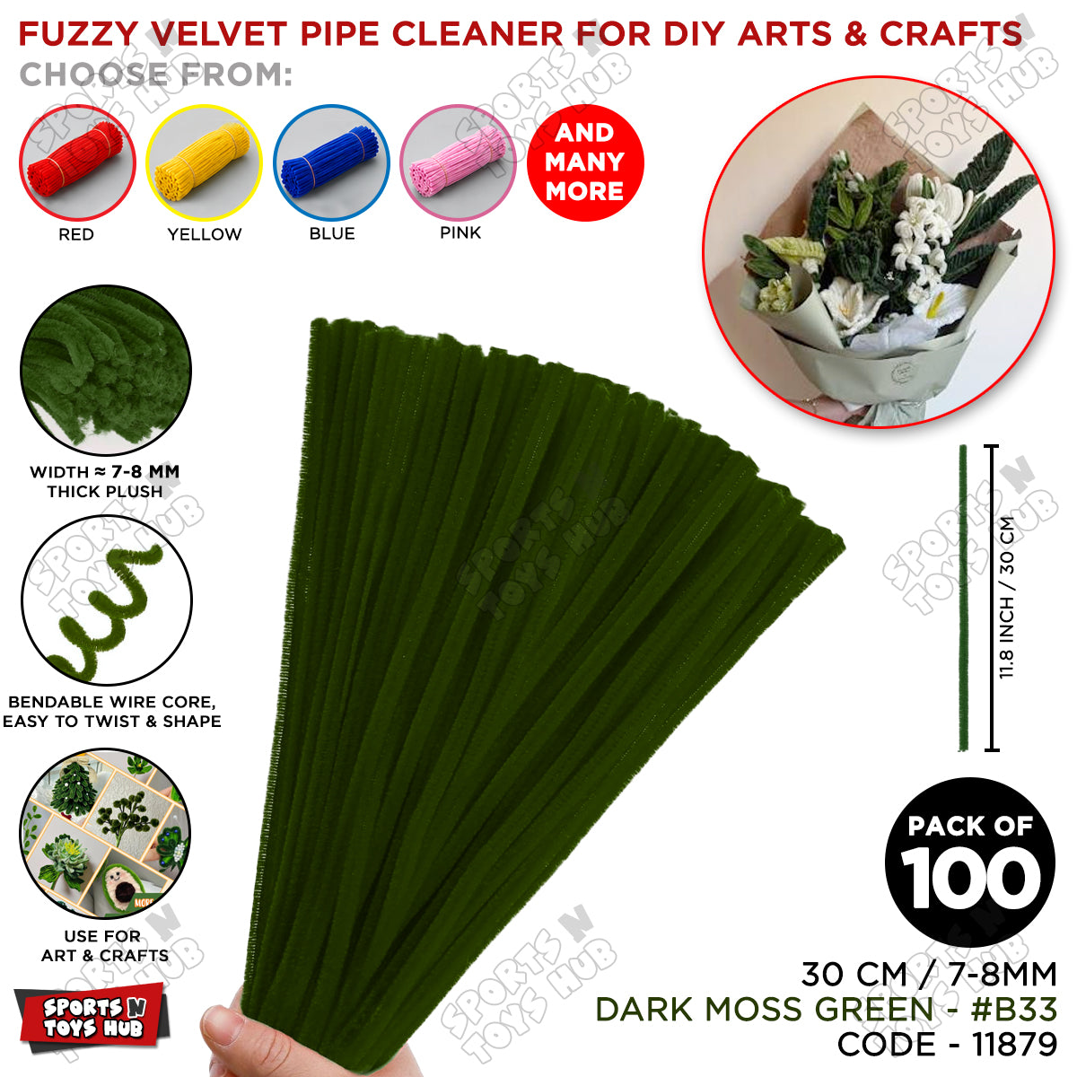 Fuzzy Pipe Cleaners Craft Stems 100 Pcs – 7-8mm Thick x 30cm Chenille Sticks for DIY Crafts, Kids Art Projects, School Activities, Handmade Flowers, Decorations & Creative Craft Supplies