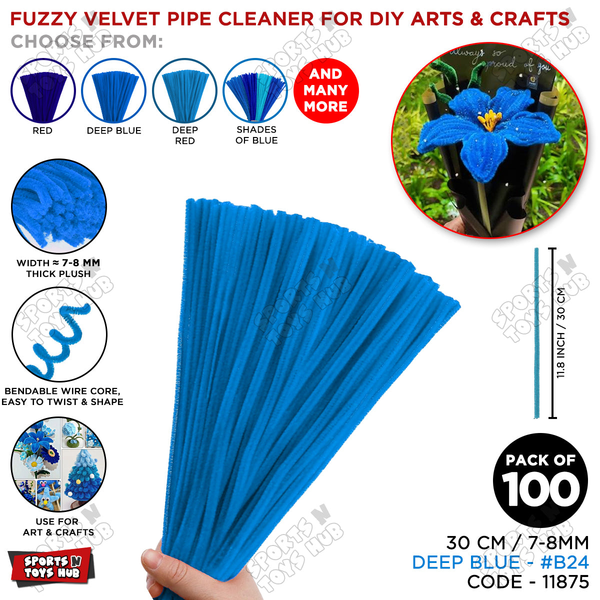 Shades of Blue Fuzzy Pipe Cleaners Craft Stems 100 Pcs – Premium 30cm x 7-8mm Chenille Sticks for DIY Crafts, Kids Art Projects, School Activities, Handmade Flowers, Decorations & Creative Craft Supplies