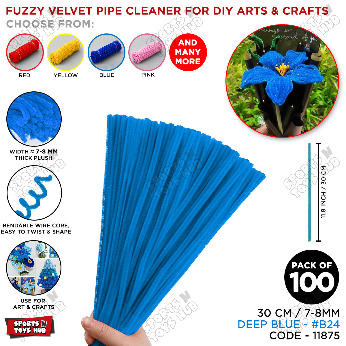 Fuzzy Pipe Cleaners Craft Stems 100 Pcs – 7-8mm Thick x 30cm Chenille Sticks for DIY Crafts, Kids Art Projects, School Activities, Handmade Flowers, Decorations & Creative Craft Supplies