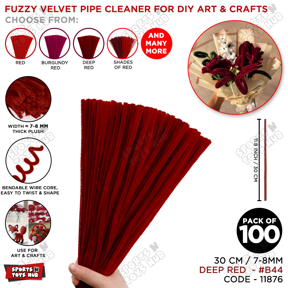 Shades of Red Fuzzy Pipe Cleaners 100 Pcs – 30cm Chenille Craft Stems For DIY Arts & Crafts, School Projects, Handmade Flowers, Floral Crafts & Decorations