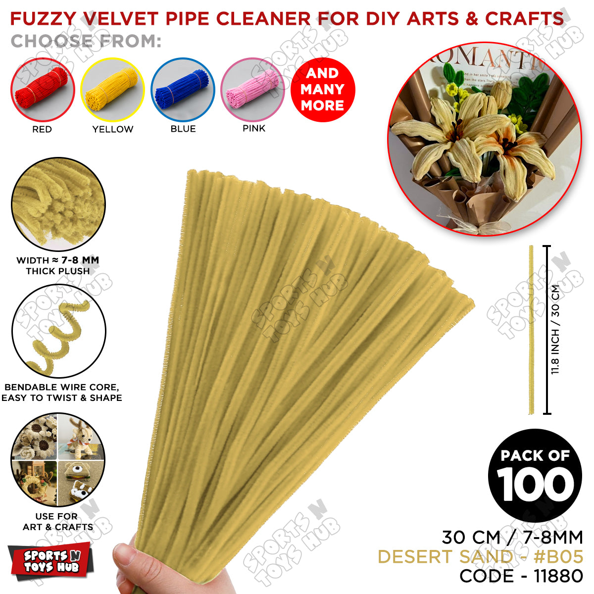 Fuzzy Pipe Cleaners Craft Stems 100 Pcs – 7-8mm Thick x 30cm Chenille Sticks for DIY Crafts, Kids Art Projects, School Activities, Handmade Flowers, Decorations & Creative Craft Supplies