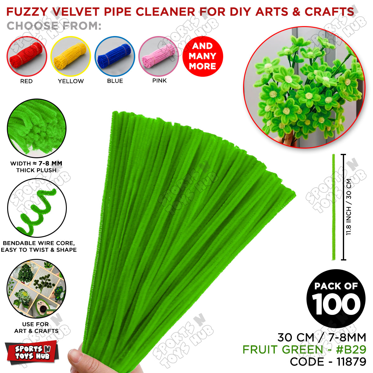 Fuzzy Pipe Cleaners Craft Stems 100 Pcs – 7-8mm Thick x 30cm Chenille Sticks for DIY Crafts, Kids Art Projects, School Activities, Handmade Flowers, Decorations & Creative Craft Supplies