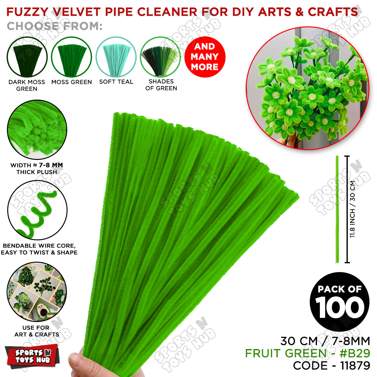 Shades of Green Fuzzy Chenille Craft Stems 100 Pcs – Soft 30cm x 7-8mm Flexible Pipe Cleaners for Handmade Flowers, DIY Crafts, School Activities, Kids Art Projects & Home Décor