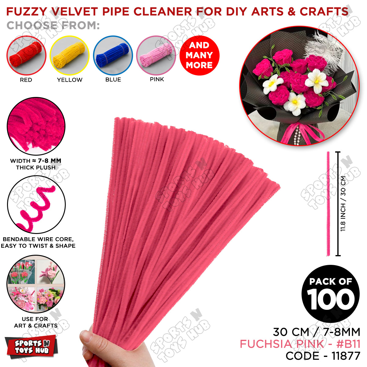 Fuzzy Pipe Cleaners Craft Stems 100 Pcs – 7-8mm Thick x 30cm Chenille Sticks for DIY Crafts, Kids Art Projects, School Activities, Handmade Flowers, Decorations & Creative Craft Supplies
