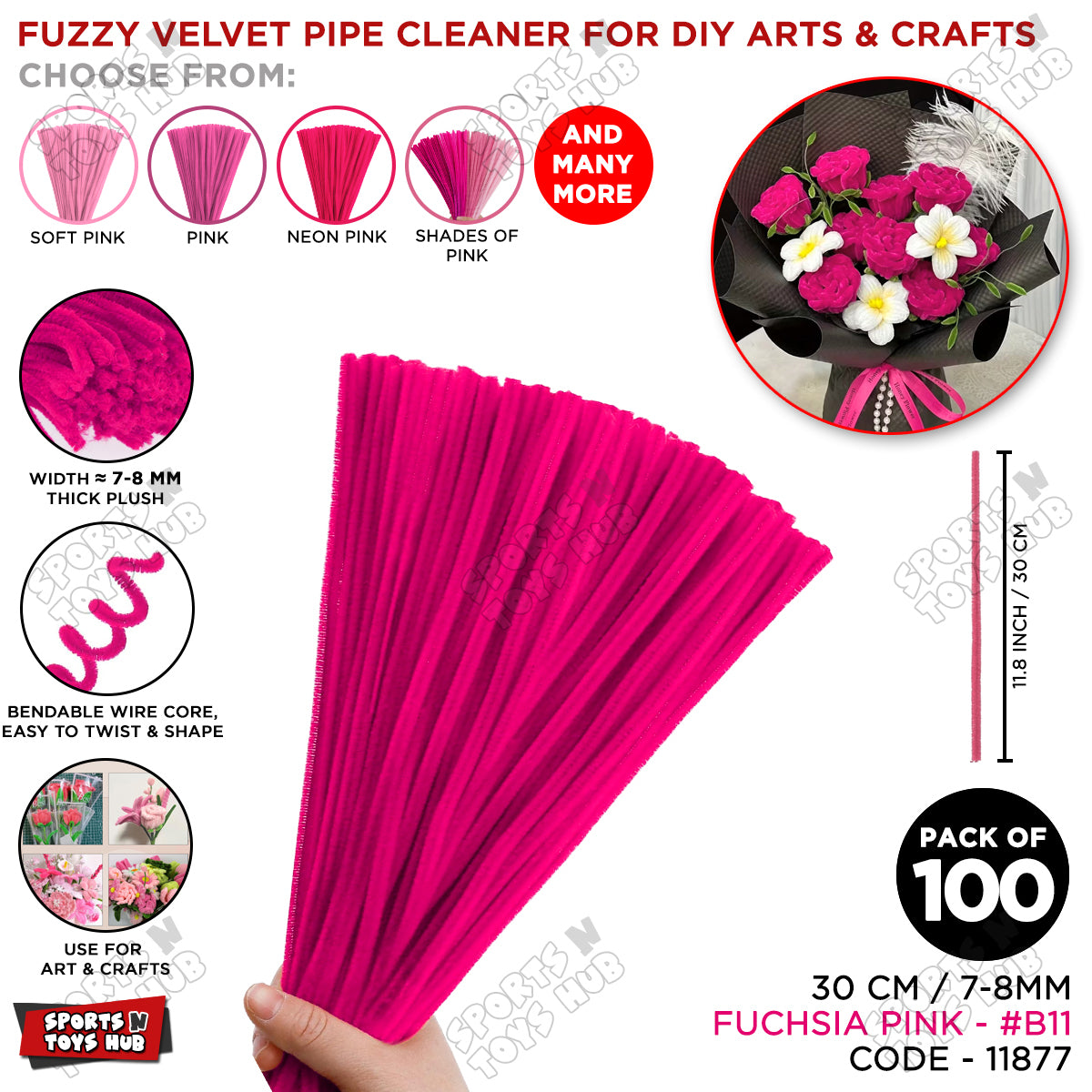 Shades of Pink Fuzzy Chenille Craft Stems 100 Pcs – 30cm x 7-8mm Flexible Pipe Cleaners for Handmade Flowers, DIY Crafts, School Activities, Kids Art Projects & Home Décor