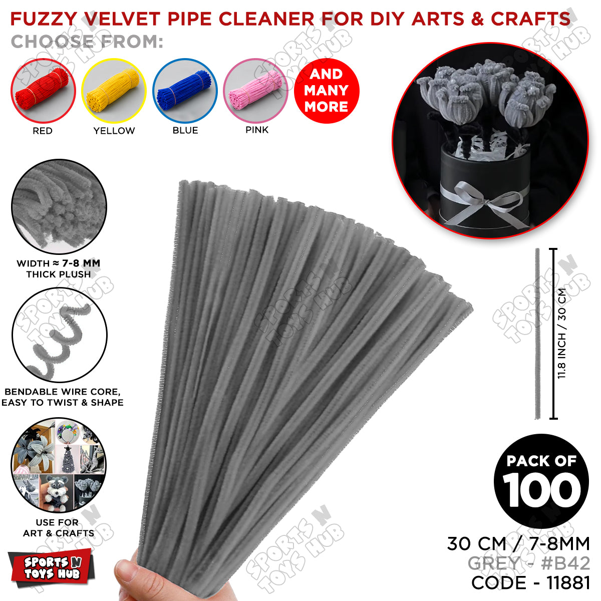 Fuzzy Pipe Cleaners Craft Stems 100 Pcs – 7-8mm Thick x 30cm Chenille Sticks for DIY Crafts, Kids Art Projects, School Activities, Handmade Flowers, Decorations & Creative Craft Supplies