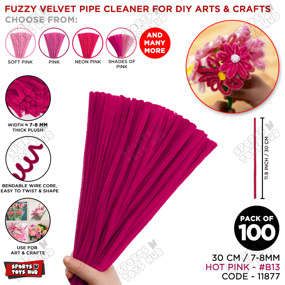 Shades of Pink Fuzzy Chenille Craft Stems 100 Pcs – 30cm x 7-8mm Flexible Pipe Cleaners for Handmade Flowers, DIY Crafts, School Activities, Kids Art Projects & Home Décor