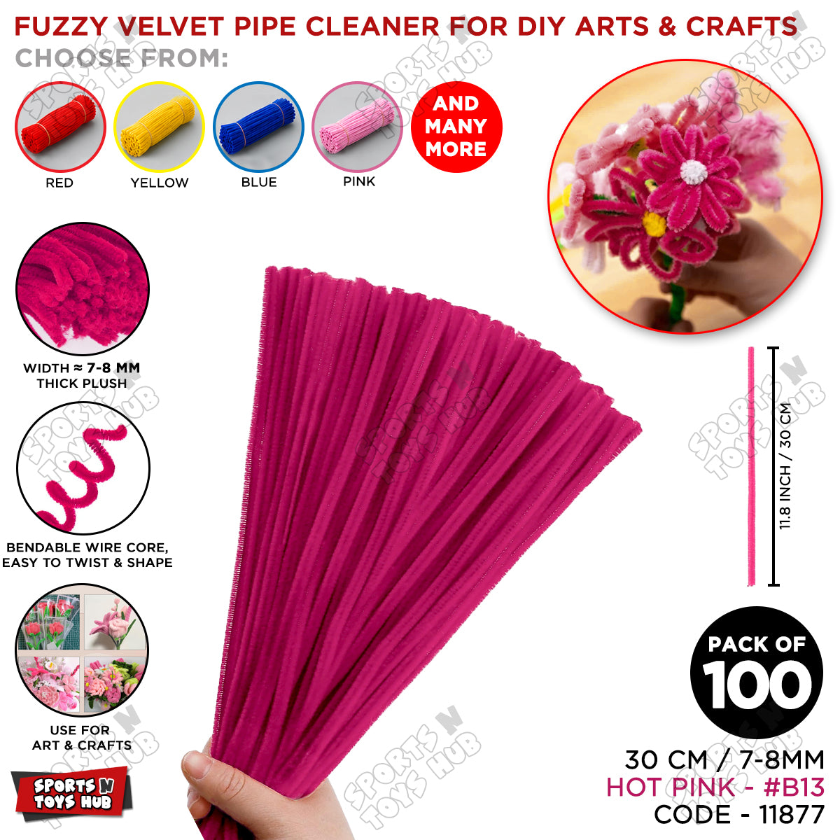 Fuzzy Pipe Cleaners Craft Stems 100 Pcs – 7-8mm Thick x 30cm Chenille Sticks for DIY Crafts, Kids Art Projects, School Activities, Handmade Flowers, Decorations & Creative Craft Supplies