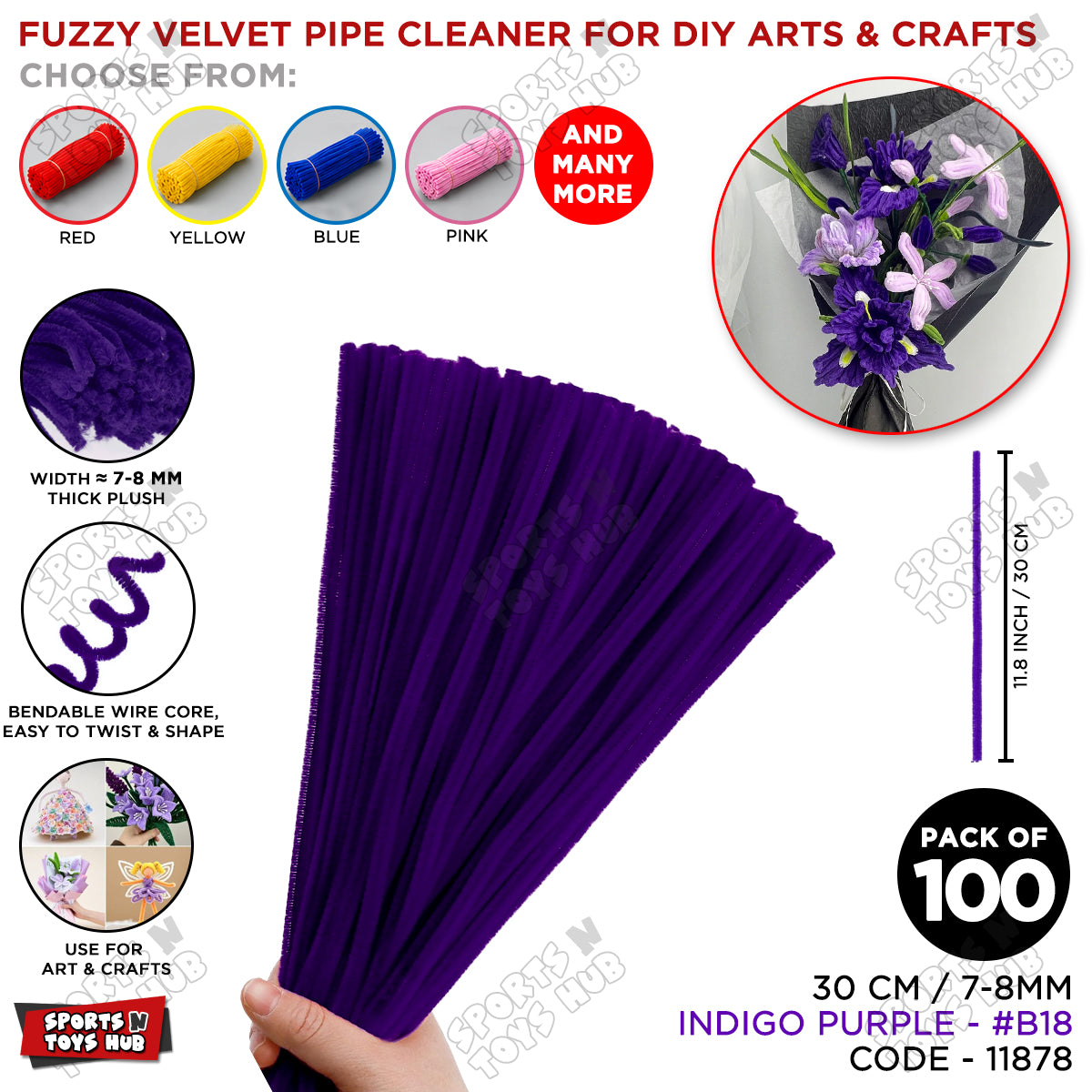 Fuzzy Pipe Cleaners Craft Stems 100 Pcs – 7-8mm Thick x 30cm Chenille Sticks for DIY Crafts, Kids Art Projects, School Activities, Handmade Flowers, Decorations & Creative Craft Supplies