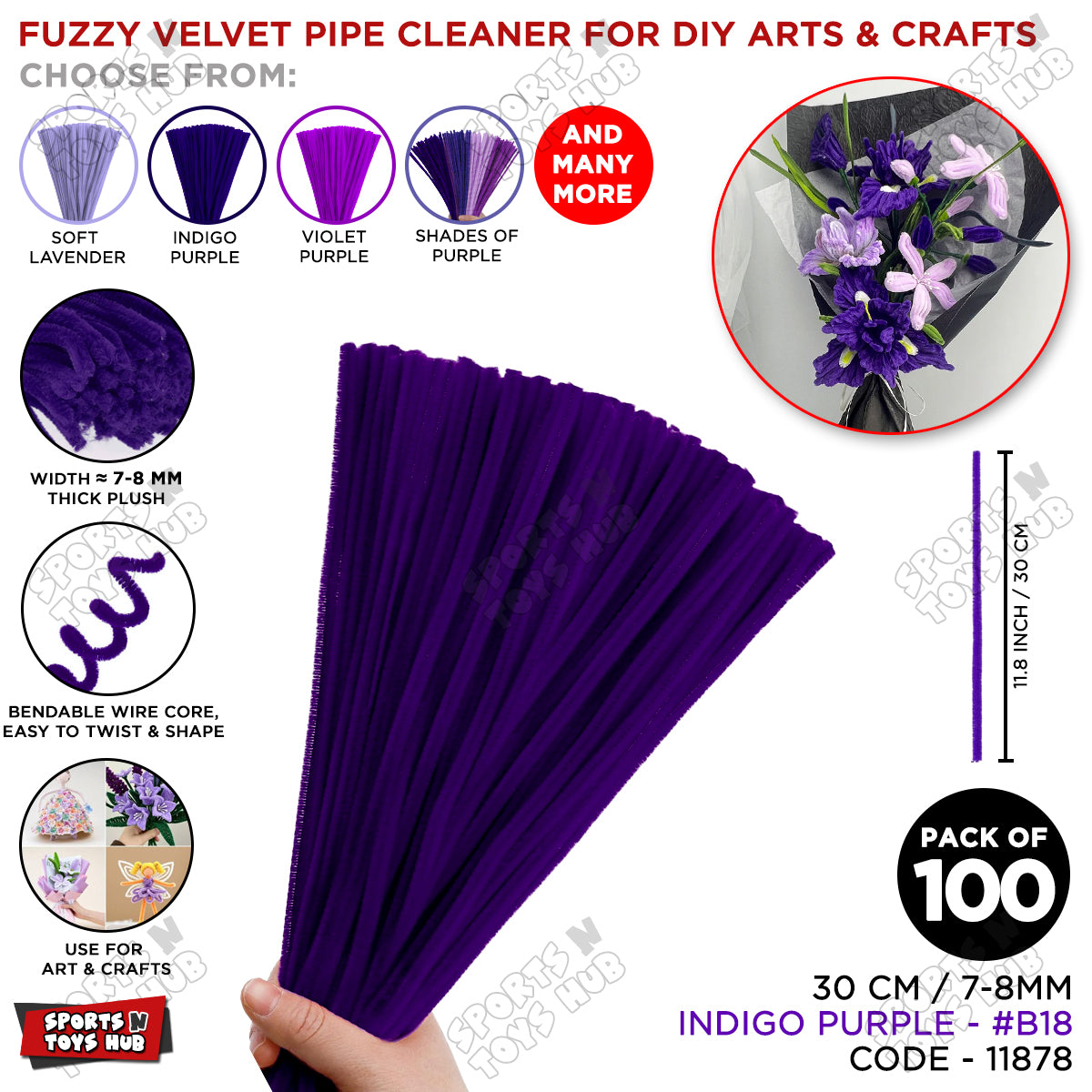 Shades of Purple Fuzzy Chenille Craft Stems 100 Pcs – 30cm x 7-8mm Flexible Pipe Cleaners for Handmade Flowers, DIY Crafts, School Activities, Kids Art Projects & Home Décor