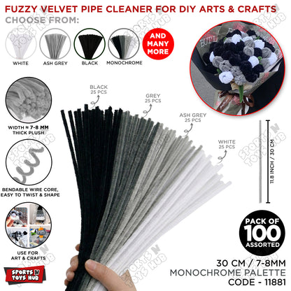 Monochrome Fuzzy Pipe Cleaners 100 Pcs - 30cm Chenille Craft Stems For DIY Arts & Crafts, School Projects, Handmade Flowers, Floral Crafts, Party Decorations, Home Décor & Creative Craft Supplies
